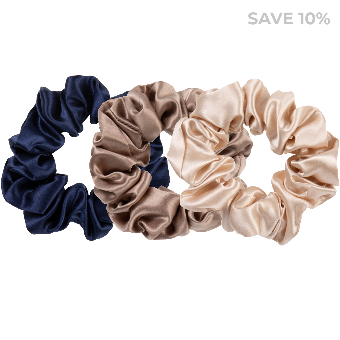100% mulberry silk scrunchies 3-pack | Black, Champagne & Taupe
