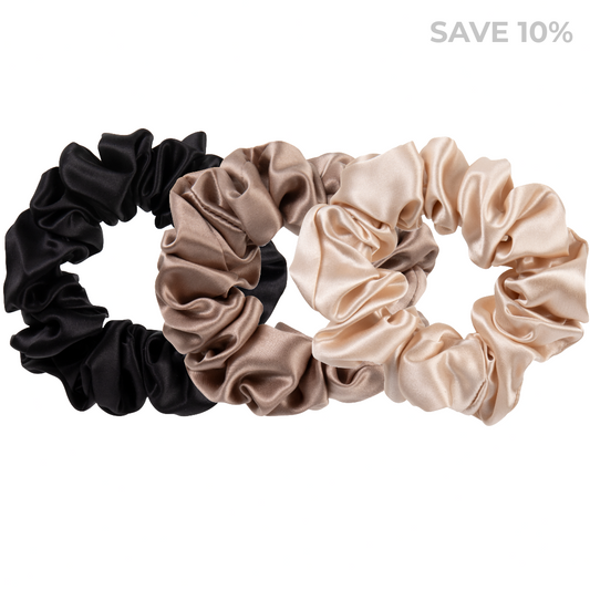 100% mulberry silk scrunchies 3-pack | Black, Champagne & Taupe