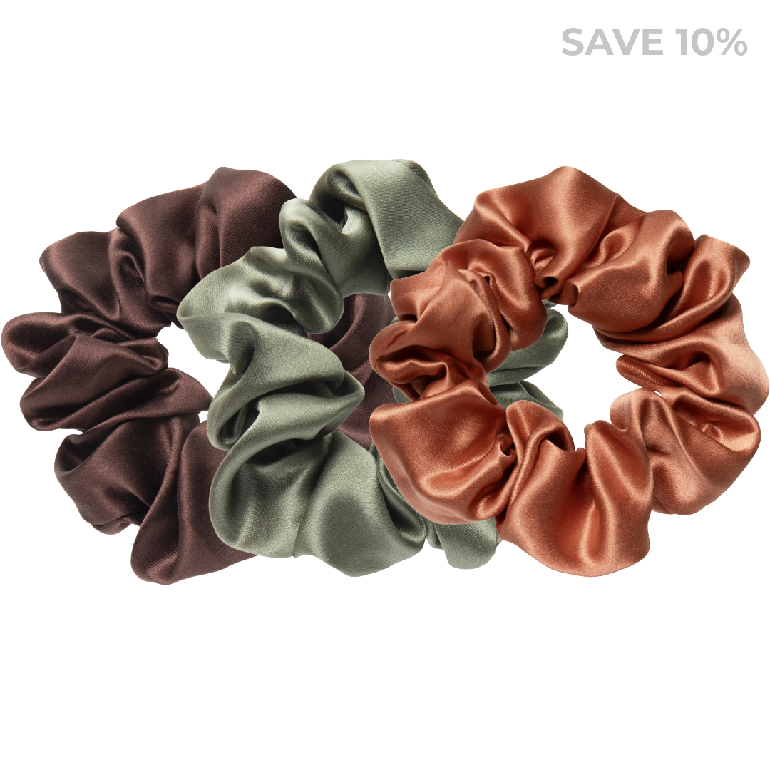 100% mulberry silk scrunchies 3-pack | Chocolate Brown, Sage Green & Terra Orange